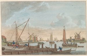 Zaan ved Wormerveer, ca. 1790 Wormerveer van de Poelsluis / Wormerveer aupres du Saan (tittel på objekt) av Carel Frederik Bendorp (I)