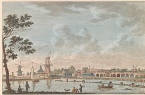 Gezicht op de Hogesluis, ca. 1790 Hooge Amstel Sluis te Amsterdam / Høy bro, kalt hoog sluis - tidligere kalt Lovers' Bridge, tatt fra siden av amstelen senere i Amsterdam (tittel på objekt) av Carel Frederik Bendorp (I)
