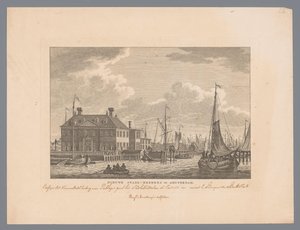 Utsikt over Nieuwe Stadsherberg på IJ i Amsterdam Ny bykro i Amsterdam (tittel på objekt) av Carel Frederik Bendorp (I)