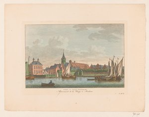 Utsikt over kirken i østlige Zaandam Kirke i East Zaandam / Arrivement de la Barge à Sardam (tittel på objekt) av Carel Frederik Bendorp (I)