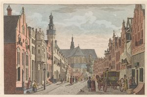 Langestraat i Alkmaar, ca. 1790 Langestraat, rådhuset og Grote Kerk i Alkmaar / Rue longue - Hotel de Ville - et grande Eglise à Alkmaar (tittel på objekt)