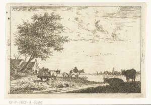 Elvelandskap med bonde og kyr på gården Landskap (serietittel) av Carel Frederik Bendorp (I)
