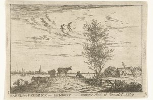Titteltrykk med elvelandskap med kyr Landskap (serietittel) av Carel Frederik Bendorp (I)