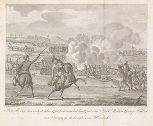 Prins Frederik blir såret i Wervik, 1793 Bataille av 13. september 1793, i tillegg til skaden av H.D.H. Willem George Fredrik fra Orange, ved siden av Werwick (tittel på objekt) av Carel Jacob de Huyser
