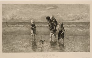 Fire barn leker med en lekebåt på stranden i grunt sjøvann Havets barn Enfants de la mer (tittel på objekt) av Carel Lodewijk Dake