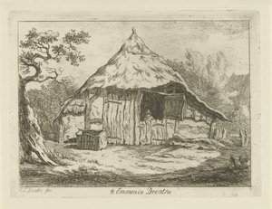 Våningshus med åpen øvre dør Te Emmen i Drenthe (tittel på objekt) Landskap (1–6) (serietittel) av Carel Lodewijk Hansen