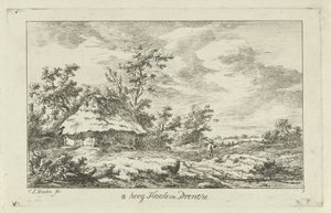 Mann med rake ved en låve For høyt Haale i Drenthe (tittel på objekt) Landskap (A-F) (serietittel) av Carel Lodewijk Hansen