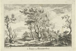 Reisende i et landskap I Bergen i Kennemerland (tittel på objekt) Landskap (A-F) (serietittel) av Carel Lodewijk Hansen