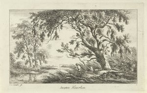 Fisker i et elvelandskap Buyten Haarlem (tittel på objekt) Landskap (a-f) (serietittel) av Carel Lodewijk Hansen