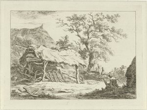 Sittende figur ved en låve Landscapes (1-6) (serietittel) av Carel Lodewijk Hansen