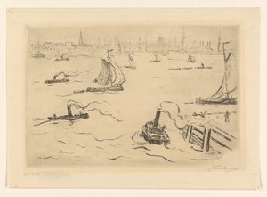 Elv med skip nær en by av Carel Nicolaas Storm van 
