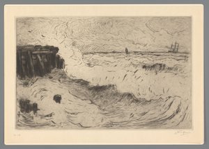 Villt hav med seilskute ved en brygge av Carel Nicolaas Storm van 