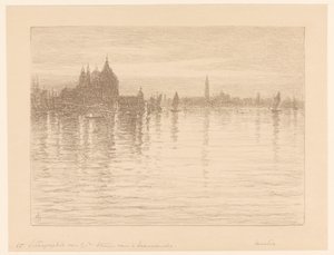 Utsikt over basilikaen Santa Maria della Salute fra vannet av Carel Nicolaas Storm van 