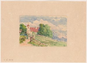 Oberbozen, en smal vei fører til en kirke i en fjellskråning