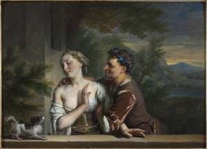 En mann som prøver å omfavne en kvinne, av Carel (Charles) de Moor (1656-1738). Olje på lerret. Størrelse: 33,5x47cm. Nationalmuseum Stockholm