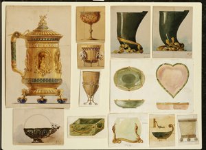 Utvalg av design, House of Carl Faberge (blyant og akvarell forsterket med hvitt og gull på kort)