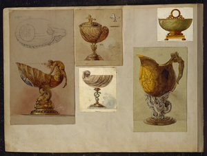 Utvalg av design, House of Carl Faberge (blyant og akvarell forsterket med hvitt og gull på kort)