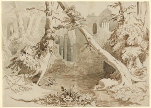 En ødelagt kirke i skogen av Carl Blechen