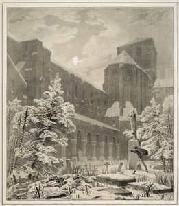 Kirke og kirkegård i snøen ved måneskinn av Carl Blechen