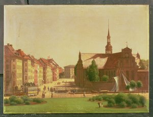 Slottsplassen og Holmens Kirke, fra et vindu på Christiansborg slott, i København, 1866 av Carl Christian Constantin Hansen