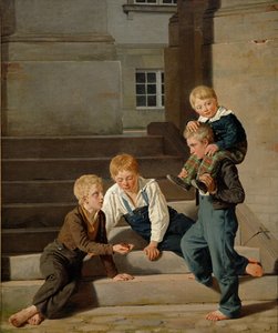 Unge gutter spiller terninger foran Christiansborg slott, København, 1834 av Carl Christian Constantin Hansen