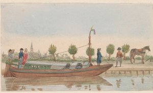 Slepeflåte, 1824 En hollandsche trek eller Jaagschuit / Une barque de tracte, servante au transport de voyageurs et marchandises en hollande (tittel på objekt) av Carl Cristiaan Fuchs