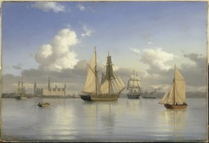 Seilfartøy utenfor Kronborg slott, Sverige, 1880 olje på lerret