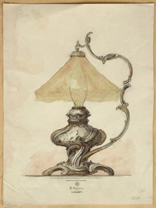 Tegning av en bordlampe i sølv med vridd riflet kropp i rokokkostil, House of Carl Faberge av Carl Fabergé