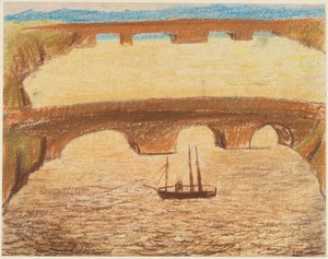 Lange Steinbrücken über Fluss mit einem Schiff