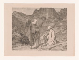 To munker ved et beskåret tre i et fjellandskap av Carl Friedrich Lessing