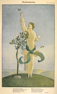 Tegning til diktet "Vorsommertag": .Tegning på diktet "Vorsommertag". En kvinne som strekker seg etter en sommerfugl. av Carl Friedrich Otto Lendecke