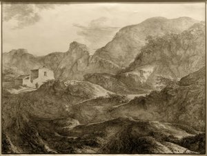 Fjelllandskap, til venstre et hus med en turgåer foran av Carl Friedrich von Rumohr