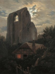 Ruinene av Eldena-klosteret med hytte nær Greifswald i måneskinn, 1820