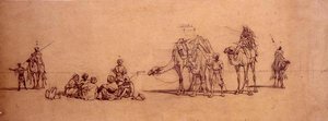 Figurer og kameler i ørkenen (blyant på kalkerpapir lagt på kort) av Carl Haag