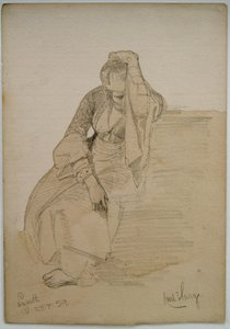 Studie av en sittende dame, Nasaret, 1859 (blyant og wc-vask på papir) av Carl Haag