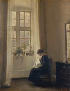 En jente som syr i et interiør (olje på lerret) av Carl Holsoe