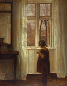 En jente som står ved et vindu (olje på lerret) av Carl Holsoe
