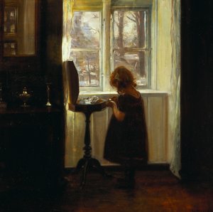 En jente som står ved et sybord (olje på lerret) av Carl Holsoe