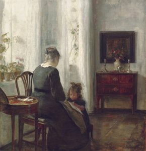 En mor og et barn i et interiør (olje på lerret) av Carl Holsoe
