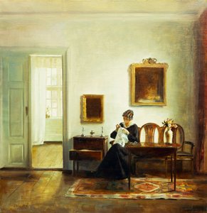 En kvinne som syr i et interiør (olje på lerret) av Carl Holsoe