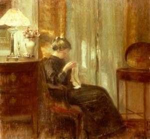 En kvinne som syr i et interiør (olje på panel) av Carl Holsoe