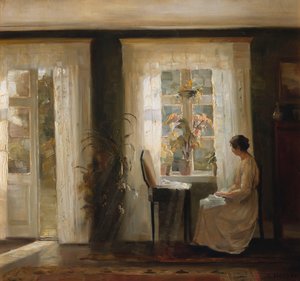 En kvinne ved et solfylt vindu (olje på lerret) av Carl Holsoe