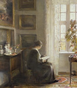 Lesing ved et solfylt vindu av Carl Holsoe