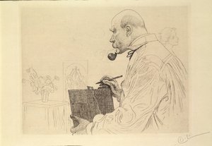 Selvportrett som raderer av Carl Larsson