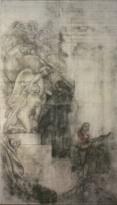 Skulpturkunsten: Carl Michael Bellman i Sergels atelier. Kartong til fresken i den nedre hallen i NM av Carl Larsson