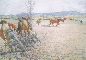 De to mennene med harvene jobbet metodisk frem og tilbake av Carl Larsson