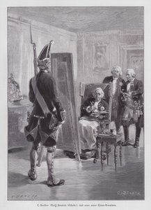 Kong Frederick William I av Preussen maler en grenader av hans Potsdamer Riesengarde (Giant Guard of Potsdam) (gravering) av Carl Ludwig Friedrich (after) Becker