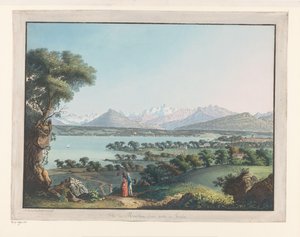 Utsikt over Genève med Mont-Blanc i bakgrunnen Utsikt over Mont-Blanc og en del av Genève (tittel på objekt) av Carl Ludwig Hackert