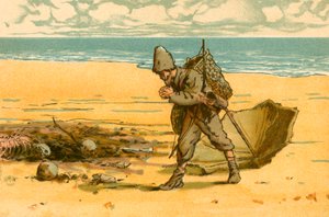 Robinson Crusoe ser stranden strødd med menneskehodeskaller og menneskebein