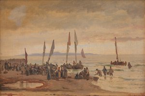 Hjemvendte fiskere ønskes velkommen til Hornbæk Strand av Carl Neumann
